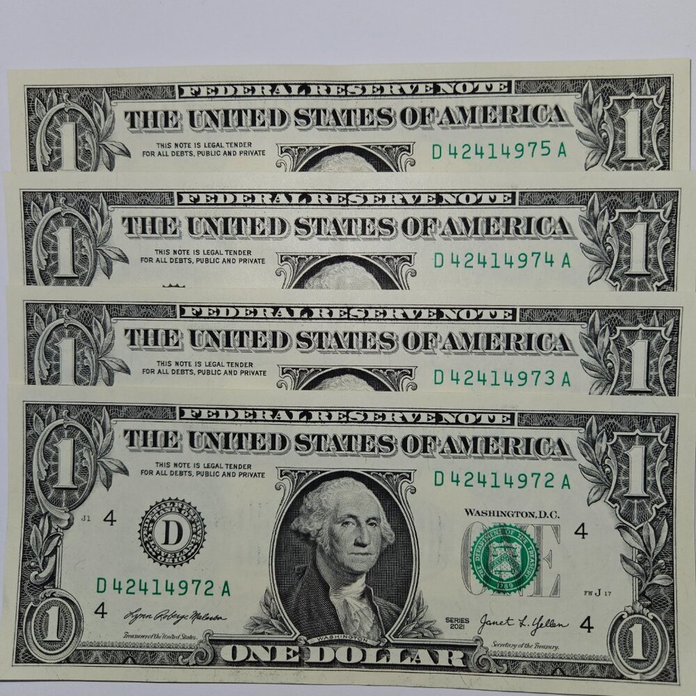 4 One Dollar Bills Uncirculated Sequential (W/ SLEEVES) -‎ Series 2021 (B194)